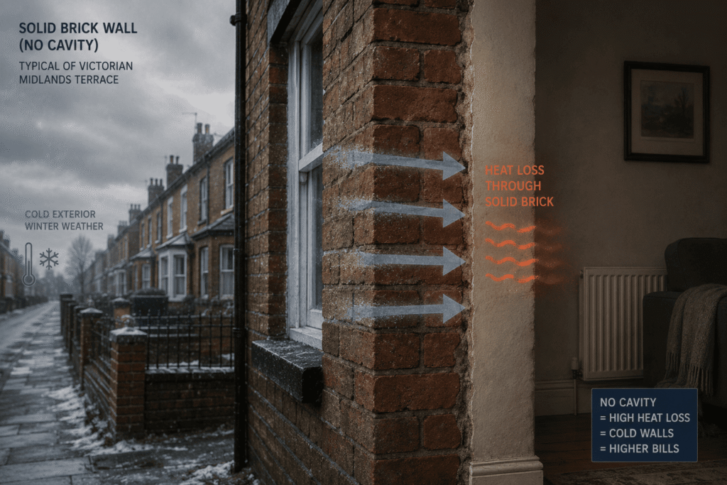Heat loss through solid brick wall without insulation