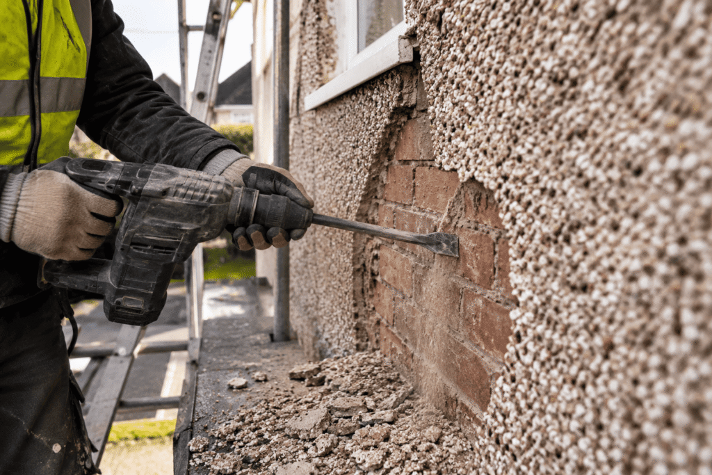 Removing pebble dash from brick wall