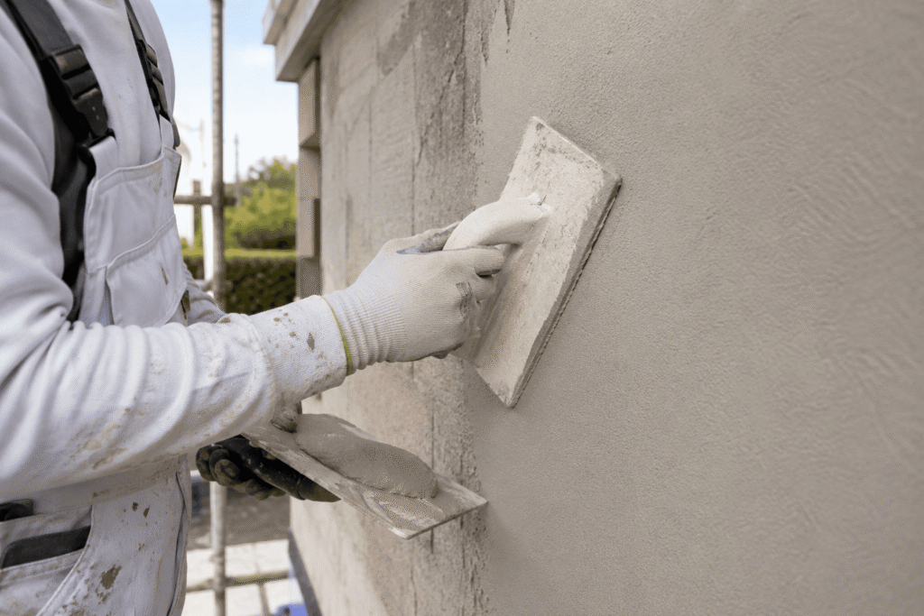 Close-up of a worker applying fresh render to an external wall