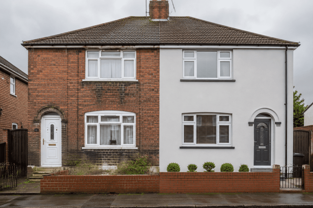 Before and after comparison of a brick house vs. a white rendered exterior.
